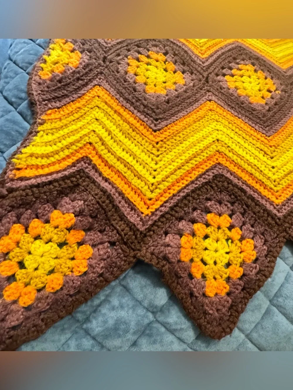 VTG 70s Throw Handmade Crochet Chevron Granny Square Yellow Brown Orange 52